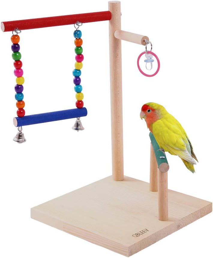 QBLEEV Table Training Wooden Parrot Perches, Sanded Trim Stands Perch Cage Top Playground, Bird Swing Chewing Beads Toys