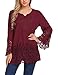 SoTeer V Neck Lace Crochet Top Bell Sleeve Blouse Tops Lace Loose Peplum Blouse,Red XXL