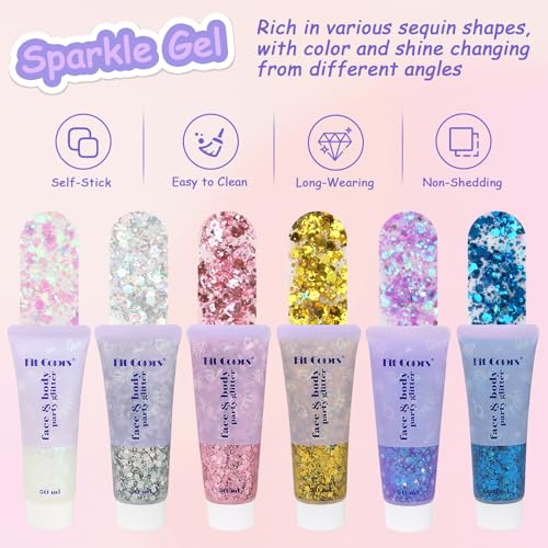 Set of 6 Body Glitter Gel, Glitter Gels, Face and Hair, Chunky Holographic Glitter for Makeup, Festival, Christmas, Easter, Party, Long-Lasting, Liquid Shimmer Gel for Eyes and Body