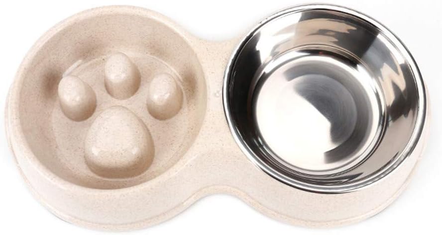 Rantow Double Dogs Bowls - Non-Slip Slow Feeder Dog Bowl Preventing Choking Fun Stainless Steel Pet Drink Water Bowl for Medium Small Dogs Cats (White)
