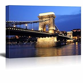 Canvas Prints Wall Art - Chain Bridge and Danube River in Budapest at Night in Hungary | Modern Wall Decor/Home Decoration Stretched Gallery Canvas Wrap Giclee Print & Ready to Hang - 12" x 18"