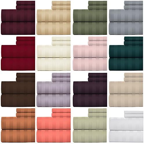 Weavely Bedsheet 100% Cotton 600 Thread Count Damask Stripe Sheet Set, 4 Piece Hotel Quality Sheets, 15 inch Elastic Deep Pocket Fitted Sheet (King, Plum)