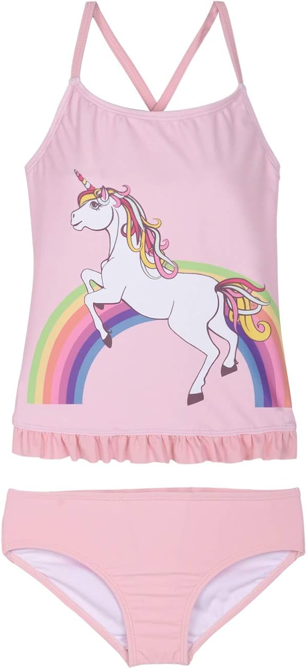 Hilor Girl's Two Piece Swimsuits Ruffle Hem Tankini Set Cross Back Swimwear Set