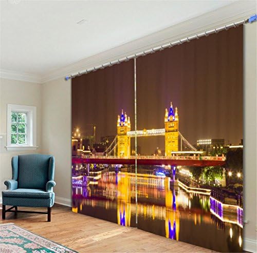 GFYWZ 3D curtains Personality London Bridge Night view Digital printing Polyester fabric Window Drapes Bedroom living room Blackout Noise Reducting Solid Thermal Panel Curtain, wide 2.64x high 2.13