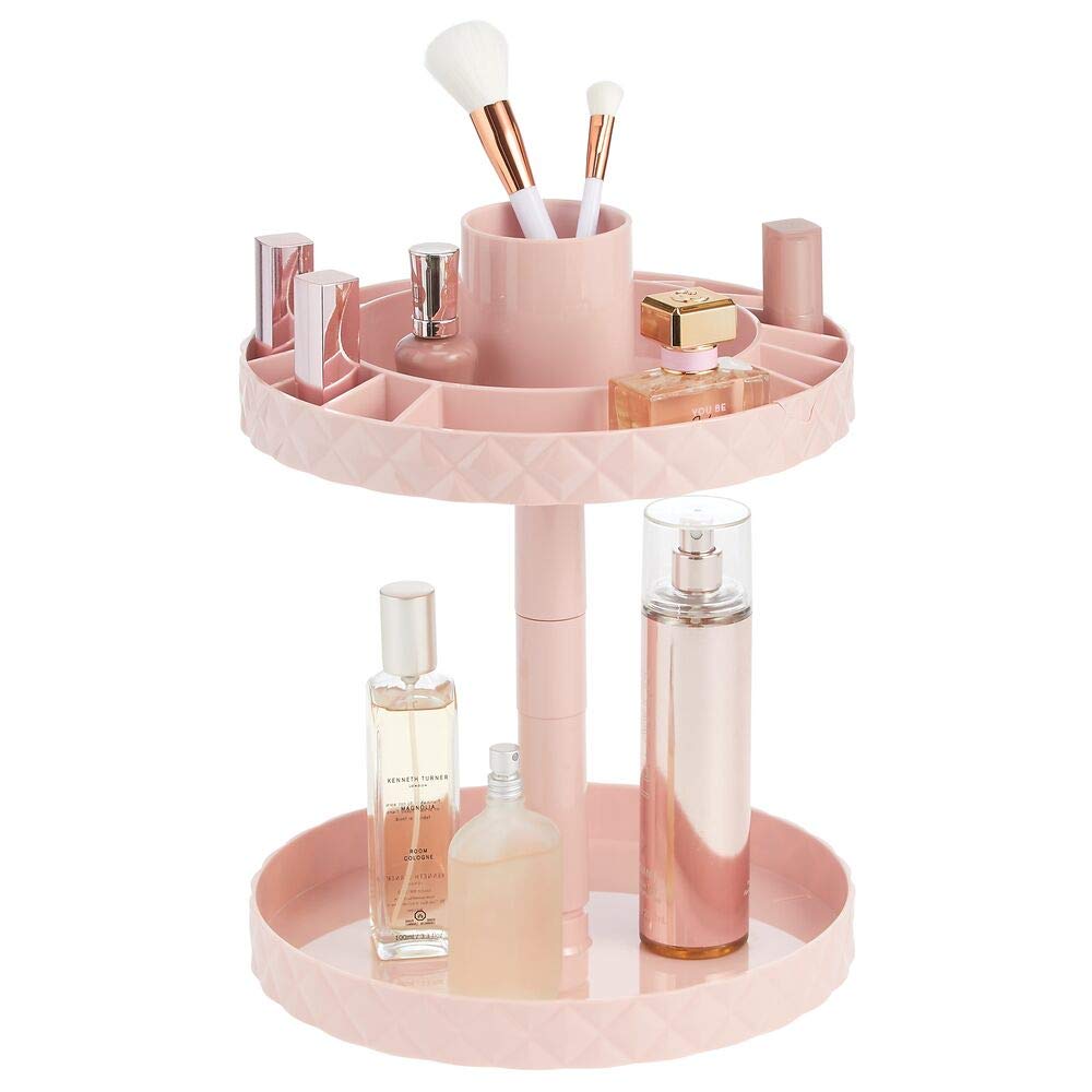 mDesign Spinning 2-Tier Lazy Susan Makeup Turntable Storage Center Tray - Rotating Organizer for Bathroom Vanity Counter Tops, Dressing Tables, Cosmetic Stations, Dressers - Light Pink/Blush