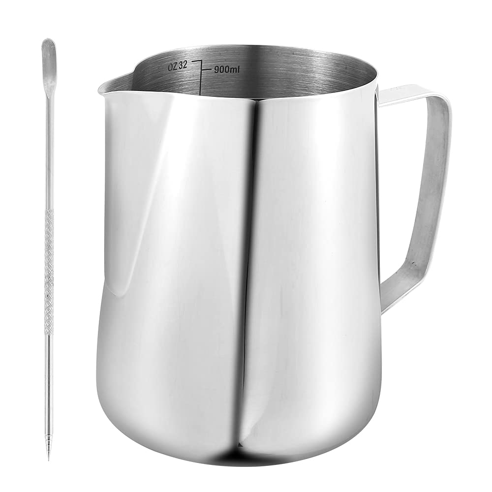 Milk Frothing Pitcher 900ml/30oz Stainless Steel Handheld Milk Jug Milk Coffee Cappuccino Latte Art Barista Steam Pitchers Milk Jug Cup with Decorating Pen for Making Cappuccino Latte Coffee Art