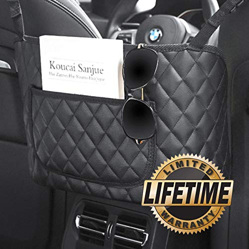 Car Net Pocket Handbag Holder,Purse Holder for Car,PU Leather Car Purse Holder Between Seats,Car Handbag Organizer,Car Seat Storage Net Pocket for Storage Phone(Leather Black with Pockets)