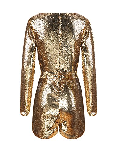 ASMAX HaoDuoYi Womens Mardi Gras's Sparkly Sequin V Neck Party Clubwear Romper Jumpsuit Gold