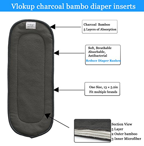 Vlokup Baby Cloth Diaper Inserts 5 Layer for Newborn Toddler Kids, Nature Charcoal Bamboo Nappy Liner for Pocket Diaper, Reusable Washable Overnight Absorbent (Pack of 12)