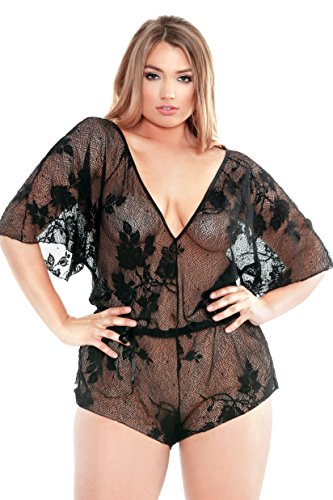 Fantasy Lingerie Women's Plus-Size Stretch Lace Romper with Adjustable Waist, Black, 3X/4X - Thumbnail 3