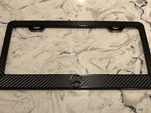 Mercedes-Benz Mercedes Benz Chrome 3D symbol on Black Carbon Fiber Style Reverse Cut Decal Black Metal License Frame with matching color screw caps