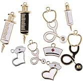 BWESOO 9Pcs Nurse Theme Charms Pendant Gold Plated Enamel Pendant Stethoscope Syringe Nurse Cap Hat Charms for Jewelry Making Crafting Findings Accessory Beading and Jewelry Making