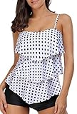 Aleumdr Womens Spaghetti Straps Ruffle Polka Dots Tankini Top Set Swimsuits Shortini Swimwear with Swim Shorts Plus XL Size Black White