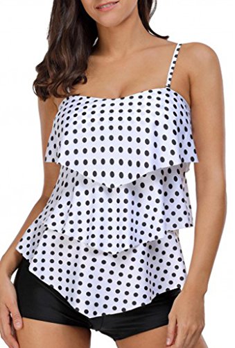Aleumdr Womens Spaghetti Straps Ruffle Polka Dots Tankini Swimsuits with Swim Shorts S - XXXL
