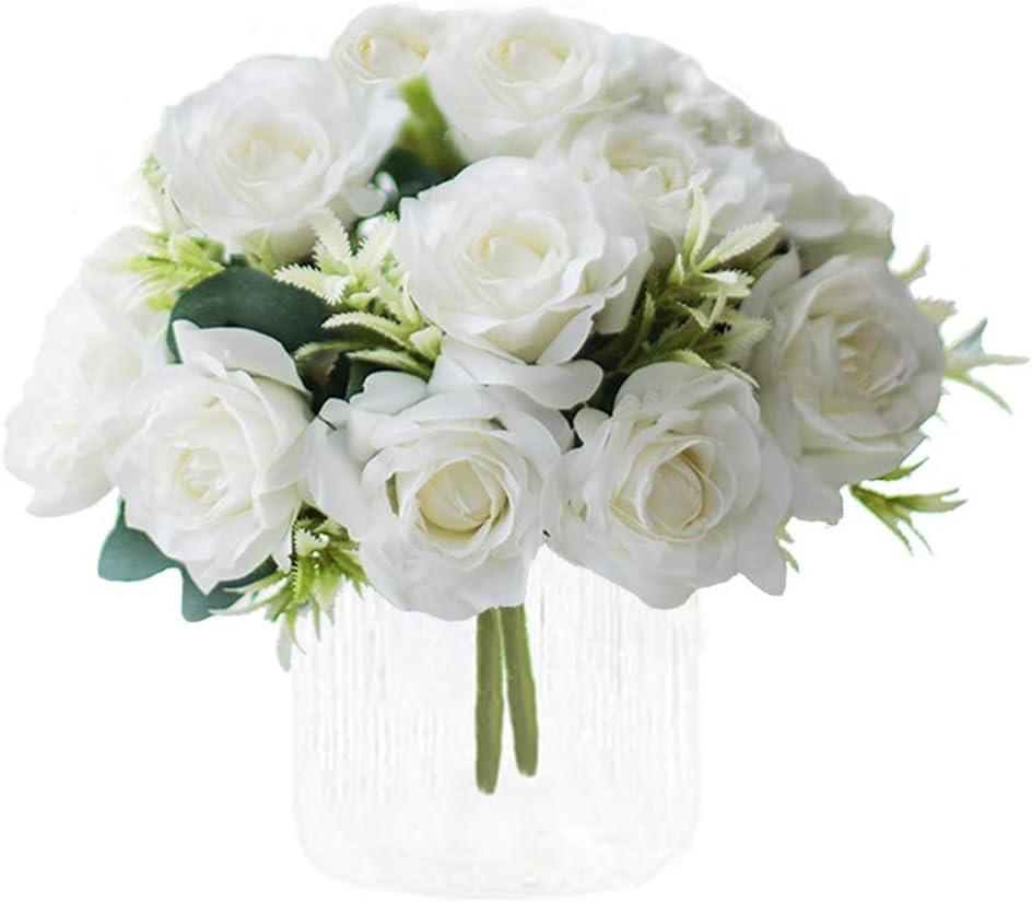 Artificial Flowers,Fake Silk 12 Heads Roses Flowers Plastic Wedding