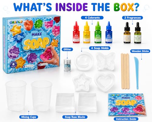 GRAFLO Soap Making Kit for Kids – DIY Make Your Own Soap Set with 8 Soap Bases, 4 Molds, 4 Colors, 2 Fragrances & Glitter, STEM Arts & Crafts Activity Gift for Boys & Girls Ages 6-12