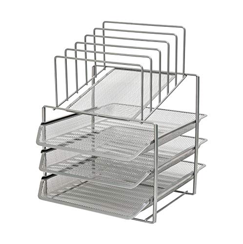 Exerz Desk Organizer Wire Mesh 3 Layer Sliding Letter Trays with 5 Upright Sections/Dividers/Paper Sorter/Desk Multifunctional File Holder Filing Shelves for Office, School Silver (EX2428-SLV)