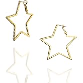 JeanBeau Big Star Rhinestone Hoop Earrings for Women Sparkly Bling Cubic Zirconia Diamond Large Statement Five-Point Star dangle Huggie Lightweight Prom wedding Bridal Jewelry Friends Gift