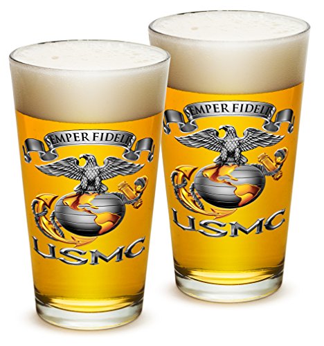 Pint Glasses - US Marine Corps Gifts with Marine EGA Logo- USMC Semper Fidelis Beer Glassware - Beer Glasses with Logo - Set of 2 (16 Oz)