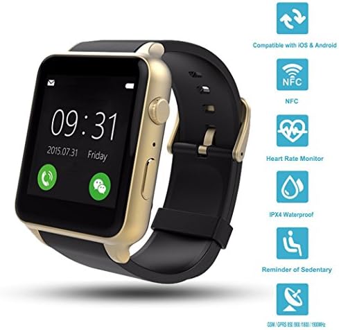 Wingtech Bluetooth Wireless GT88 Smart Watch Pedometer Activity Tracker Heart Rate Monitor Watch with Camera Sim Card Slot for iOS/Android Smartphones (Gold)