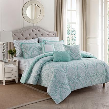 Amazon Com Ph 10 Piece King Light Aqua Blue White Comforter