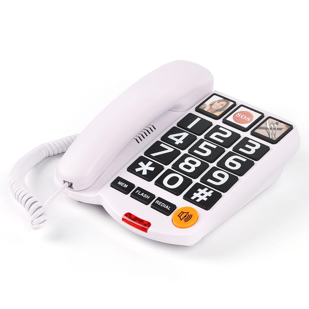 Mcheeta Big Button Landline Phone for elderly, PSTN One-touch Image Button Corded House Phone with flashing light and Adjustable Volume, Telephones Landline Suitable for Elderly people, White