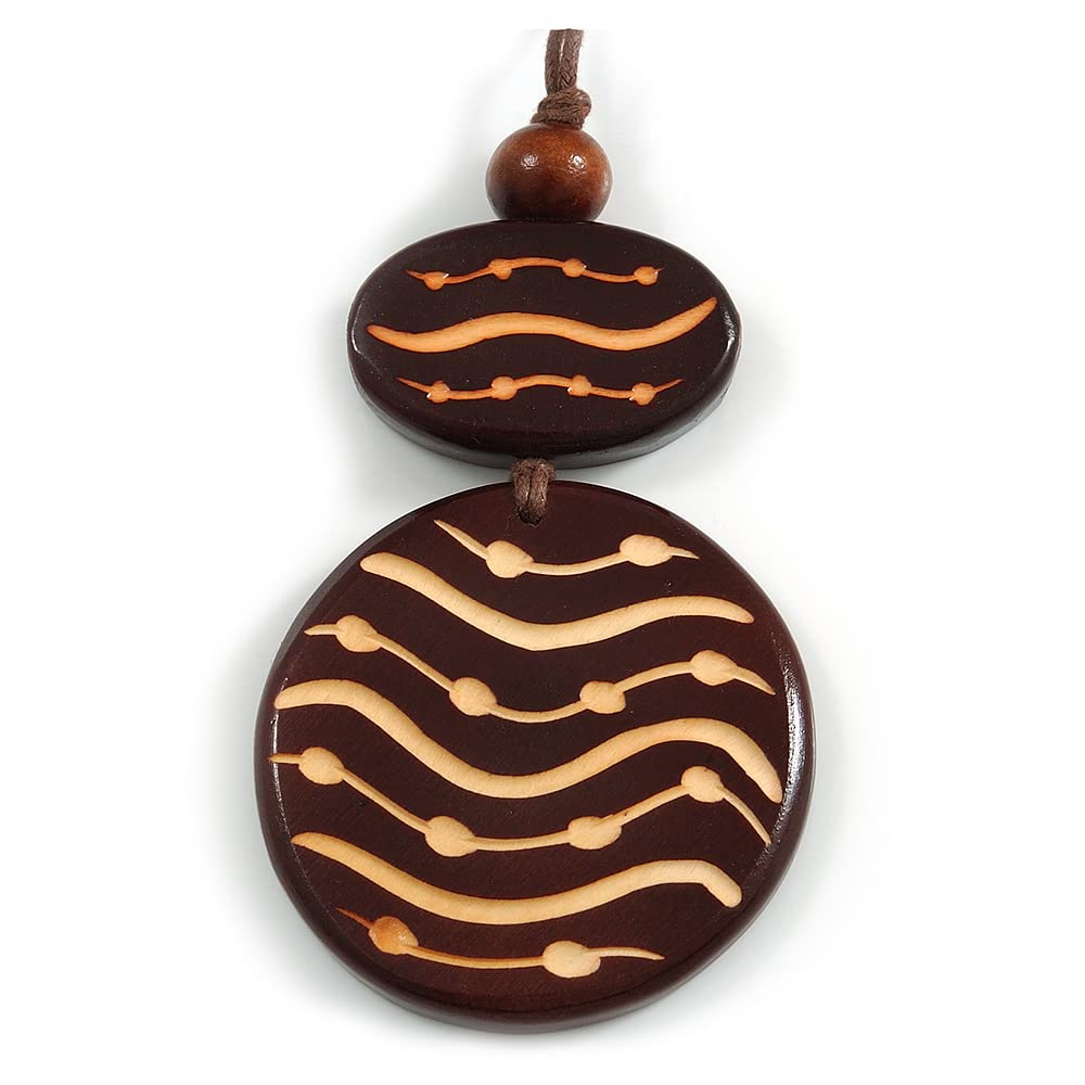 Avalaya Long Cotton Cord Wooden Pendant with Lines and Dots Pattern In Dark Brown - 76cm L