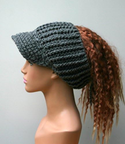 Handmade Heather Grey Ponytail Hat Visor Dread Tube Cap Billed Dreadlocks Open Back Beanie