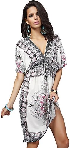 SMUDGE Life Women's White Ethnic Print Kaftan Maxi Dress Summer Beach Dress