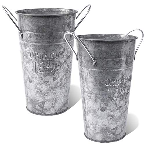 LESEN Metal Galvanized Flower Vase Set of 2 Farmhouse French Bucket