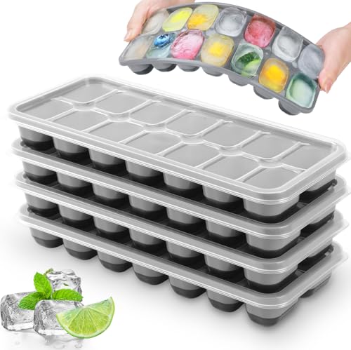 JRISBO Silicone Ice Cube Tray with Lid, BPA-Free, Pack of 4 Ice Cube Trays, Stackable & LFGB Certified, Safe Ice Cube Tray, Ice Cube Trays for Baby Porridge, Cocktail, Whiskey