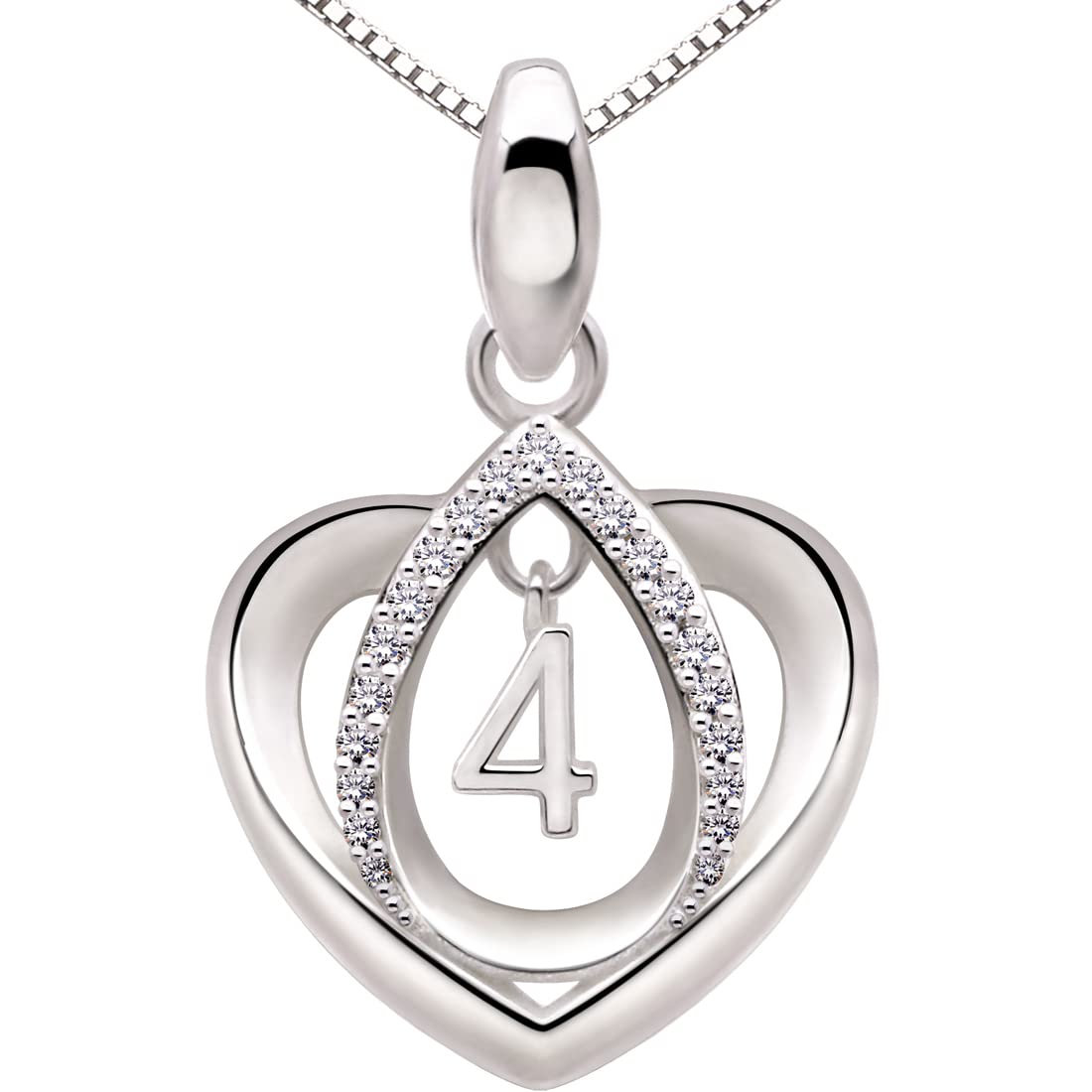 ALOV Jewelry Sterling Silver Lucky Number 4 Fourth Anniversary Numeral Four Love Heart Cubic Zirconia Pendant Necklace