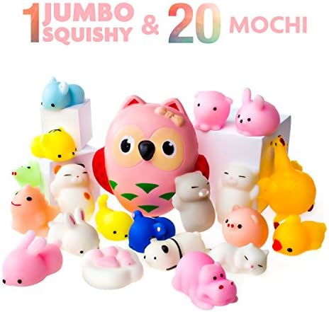 LAEGENDARY Mochi Squishy Toys - 20 Squishies Pack and 1 Jumbo Squishies Slow Rising Owl Squishy - Mochi Squishy Cat, Panda Squishy, Mochi Animals - Kawaii Squishies Jumbo - Key Chain Strap Squishys