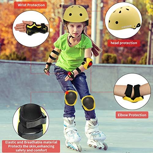 Colorful children's biking gear set including helmets and protective accessories.