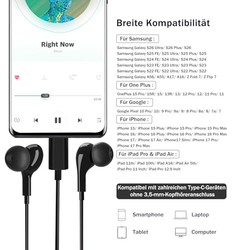USB C Headphones with Microphone In-Ear Headphones for Samsung Galaxy S26 S25 S24 S23 Ultra S22 S21 FE A56 A55 A35 A54 5G A16 USB C Headset with Volume Control for iPhone 15 16 17 Pro Max Air iPad 10