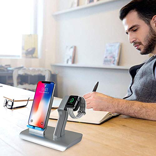 Co-Goldguard Phone Wireless Charger Stand 2 in 1 Charging Dock Fit for Watch Series 1 2 3 Compatible with iPhone X XS MAX XR 8 Plus Silver Blue