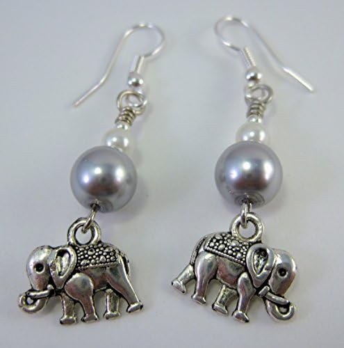 Trunk Up For Luck Elephant Charm with Gray and White Glass Pearl Earrings by ArtsParadis