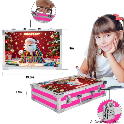 KINSPORY Briefcase Paints for Children, 139 Pieces Drawing Games, Watercolor Pencils with Wooden Box (Red)