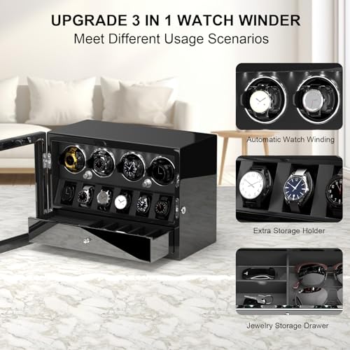 DUKWIN Watch Winder for 2/4/6/8 Automatic Watches with Key Lock, 3/6 Extra Watch Storages,4 Rotation Modes, LED Light, Super Quiet Motor, Spring Watch Pillows for Men＆Women