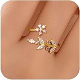 Dainty Flower Ring for Women 925 Sterling Silver Cute 14K Gold Plated Sparkling White Shell Cubic Zirconia Lucky Leaf Ring for Mom Statement Promise Fidget Ring Band Birth Valentine's Day Jewelry Gift