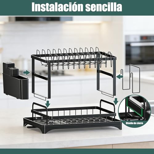 2 Niveles Escurridor de Platos Profesional,Escurridor de Trastes Acero Inoxidable con Bandeja de Canaleta en 360°,con Sistema de Drenaje Automático,Soporte para Vajilla,Vasos,Cubiertos y Utensilios