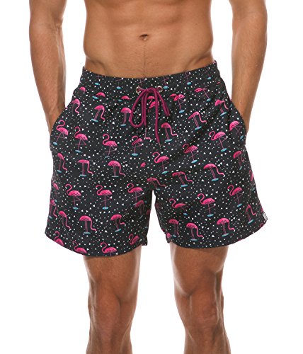 WUAMBO Men's Lightweight Quick Dry Shorts Slim Fit Swim Trunks with Mesh Lining, Flamingo/Black, X-Large (Waist:32"-35")