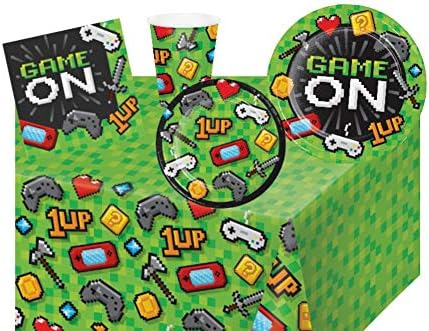 Video Game Party Supplies: Gaming Party Bundle Includes Plates, Napkins, Cups and Tablecover for 8 Guests