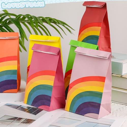 LovesTown 40PCS Rainbow Party Favor Bags, Gift Paper Bags Candy Treat Bags 8 Colors Goodie Bags for Party Supplies