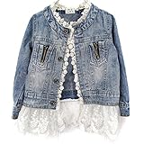 Viqiv Little Girls' Button Down Lace Denim Jacket Collarless Coat
