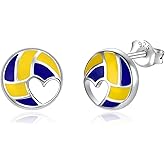925 Sterling Silver Sports Earrings - Softball Volleyball Stud with Heart Unique Ball Earring Hypoallergenic Jewelry Statement Gifts for Women Player Fans