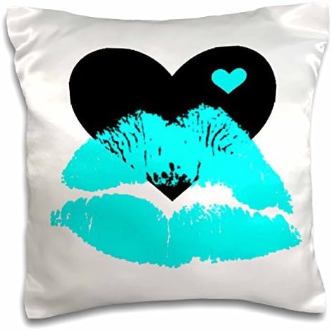 Jumkim Turquoise Smooches Lips With A Black And Turquoise Heart Throw Pillow Case Cushion Cover 16 x 16"