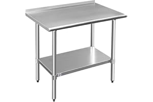 ROCKPOINT Stainless Steel Table for Prep & Work with Backsplash 36x24 Inches, NSF Metal Commercial Kitchen Table with Adjustable Under Shelf and Table Foot for Restaurant, Home and Hotel