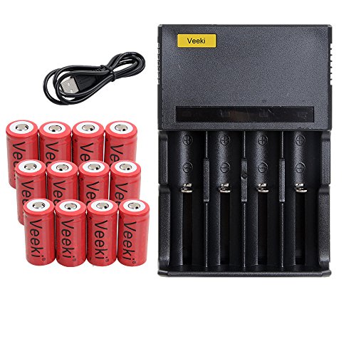 CR123A Rechargeable Battery And 4-Slots Universal Battery Charger, Veeki 16340 RCR123A 3.7V 650mAh Protected Li-ion 16340 Batteries 8Packs for High Drain Device (12 Battery+4S Charger) CR123A Rechargeable Battery And 4-Slots Universal Battery Charger, Veeki 16340 RCR123A 3.7V 650mAh Protected Li-ion 16340 Batteries 8Packs for High Drain Device (12 Battery+4S Charger)
