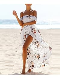 Vansha - Vestido para mujer Boho Off sin tirantes para verano, playa, floral, largo